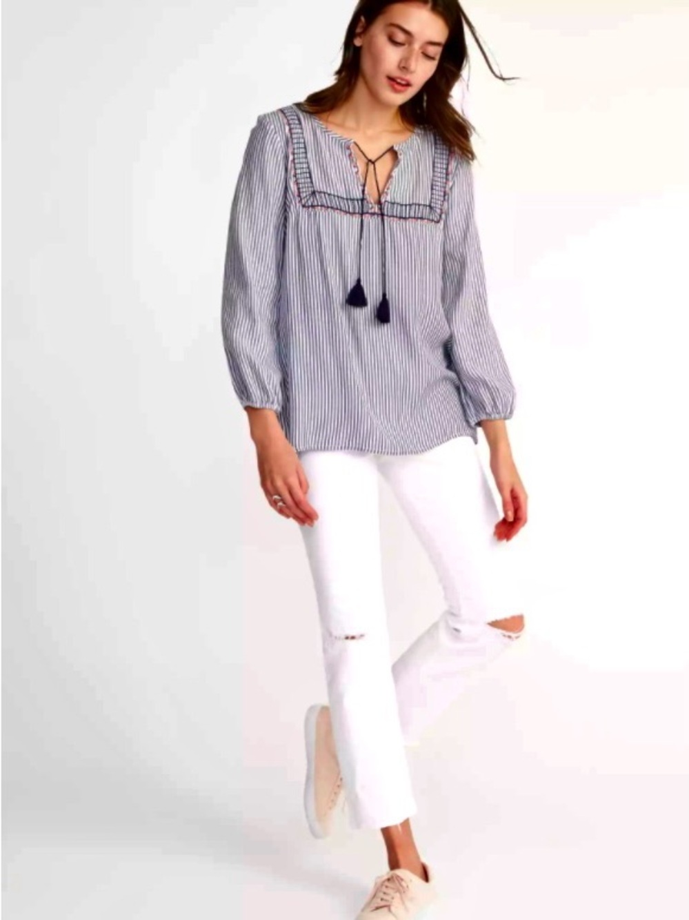 Old Navy Blue White Striped Embroidered Tunic Shirt Boho Tassel Size Medium